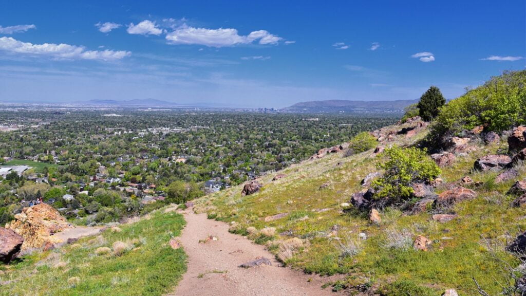 Mount Olympus Peak hiking trail views spring via Bonneville Shoreline, by Salt Lake City, Utah, USA
