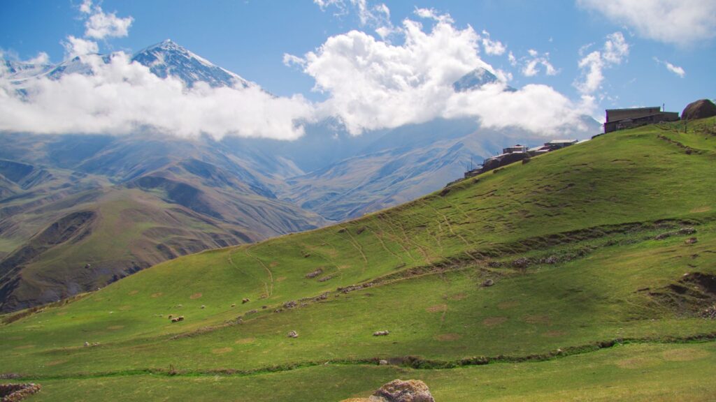Mountain village of Kurush, Russia. From here you can reach Mount Bazardüzü and other peaks