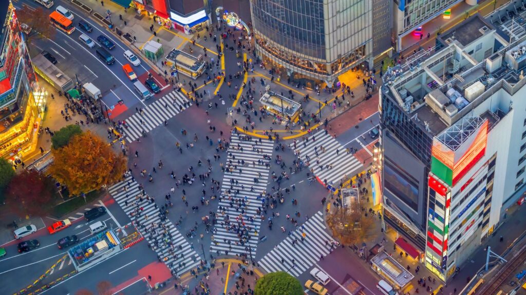 Aerial view of Shibuya at night in Tokyo