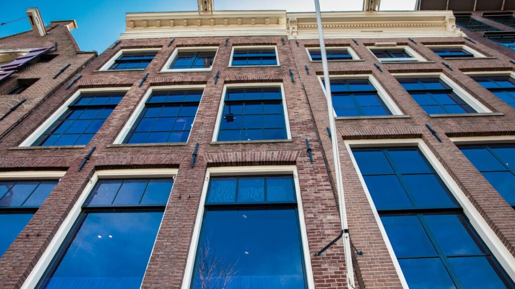 Facade of the Anne Frank house located at the Old Central district in Amsterdam